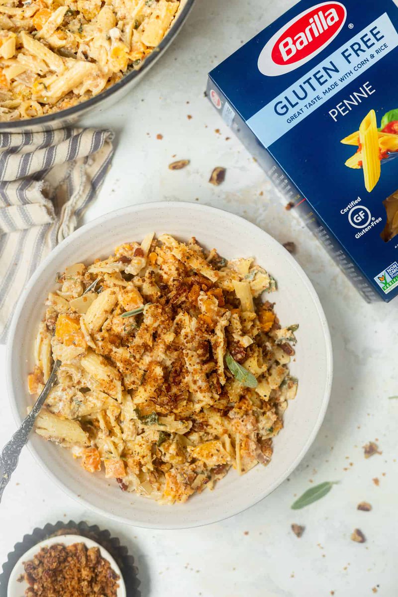 NEW Butternut Squash and Goat Cheese Pasta, AKA adult autumn mac n’ cheese! Made with @barillaus’ amazing Gluten Free Penne for #NationalPastaMonth. #ad bit.ly/3C2ARvm