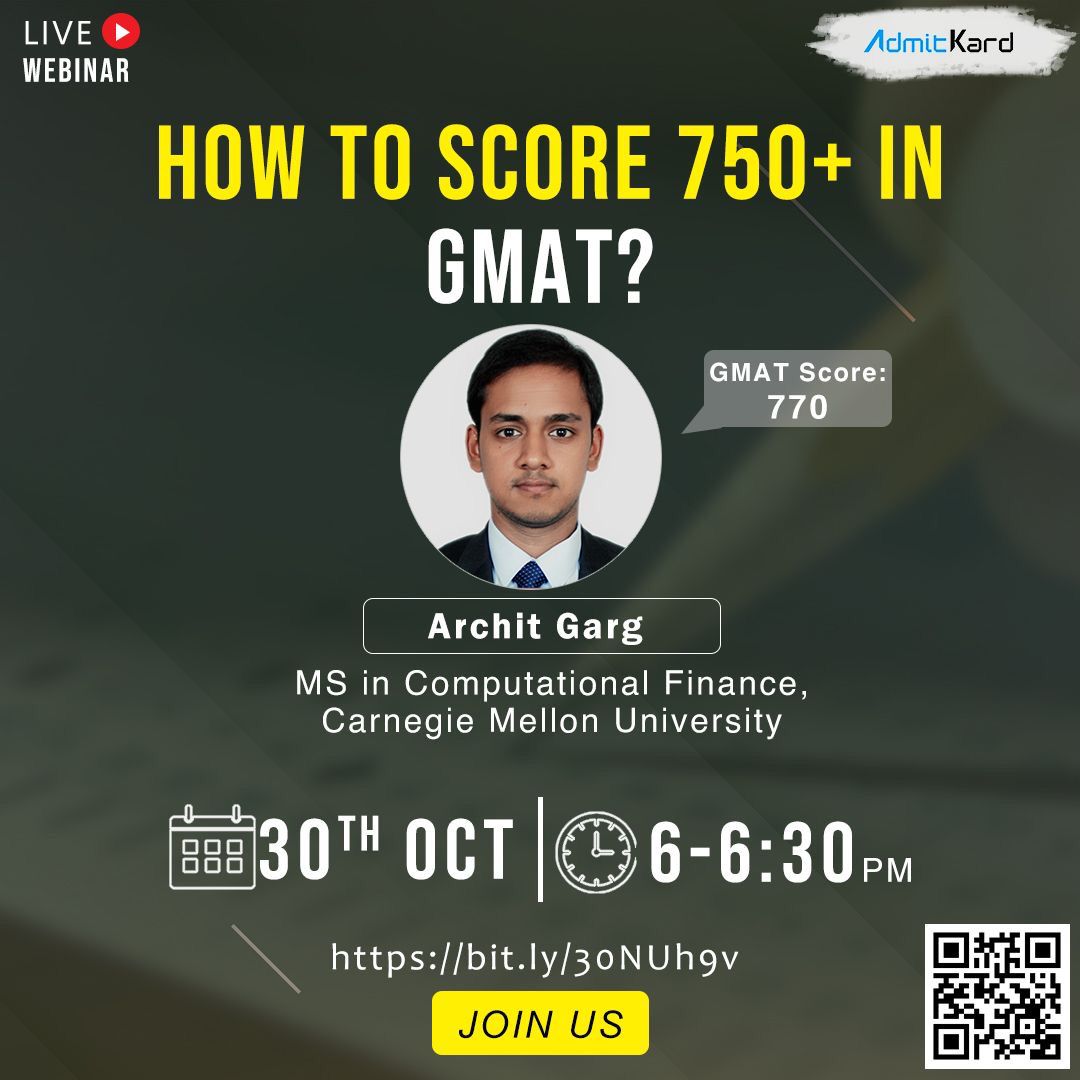 admitkard's tweet photo. Date: 30th October, 2021 Time: 6-6:30 PM IST Registration link: https://t.co/Lcb7kW5TyH  Join us live in this amazing session and takeaway all the insights!  #webinar #studyabroad #overseaseducation #abroadeducation #how #to #score #in #GMAT #tips #strategies https://t.co/enC6yS1HJp