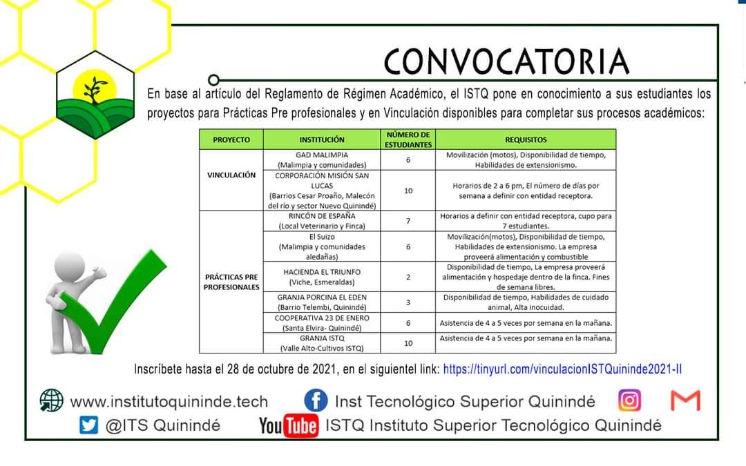 ITSQuininde's tweet photo. ⚠️ATENCIÓN ESTUDIANTES

El ISTQ pone en conocimiento los Proyectos para Prácticas Pre profesionales y Vinculación disponibles para completar sus procesos académicos como Requisito de Grado

Inscríbete en el link:⬇️ https://t.co/pFq7V41oHL

#somosISTQ
#ISTQsaberHacer https://t.co/TYJZSiPt9j