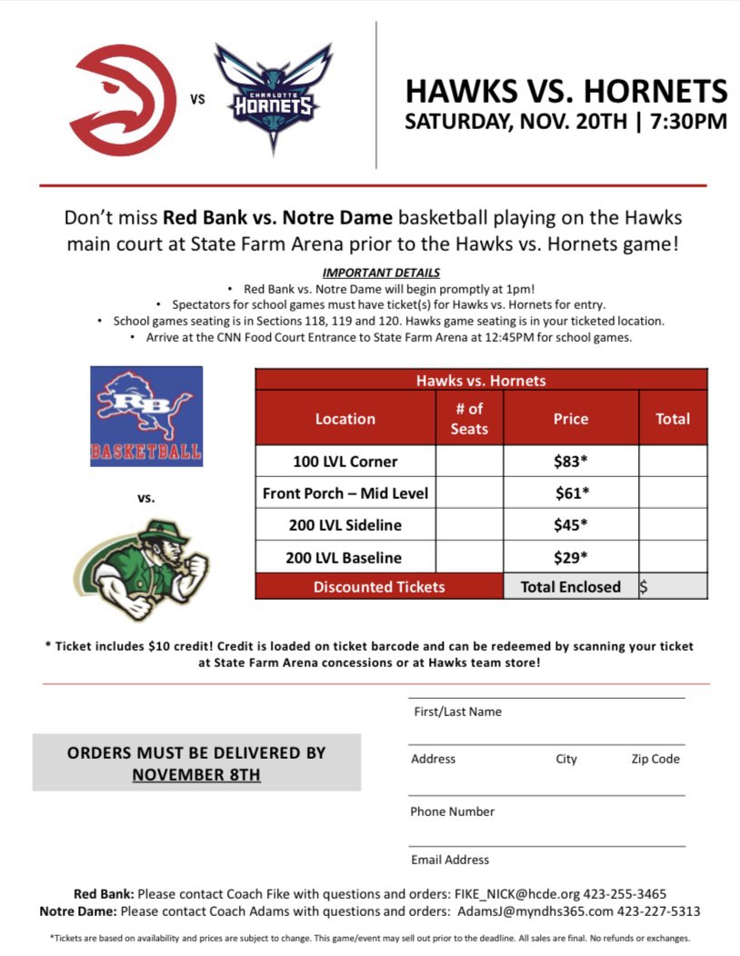 RedBankHoops's tweet photo. 🚨🚨REMINDER: If you are planning on attending the Red Bank vs Notre Dame/Hawks vs Hornets game at State Farm Arena Saturday Nov 20th, those tickets are only on sale/being held UNTIL Nov. 3rd. That will be the LAST day to purchase. Please email FIKE_NICK@hcde.com for those tix. https://t.co/DYeGFo1Yio