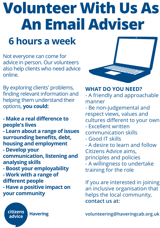 HaveringCab's tweet photo. We are currently recruiting new volunteers. Would you like to gain new skills to get back into the workplace? Are you recently retired? Have your children started school? If you have spare time, contact us now volunteering@haveringcab.org.uk #Havering #Romford https://t.co/HzQUSMlwEb