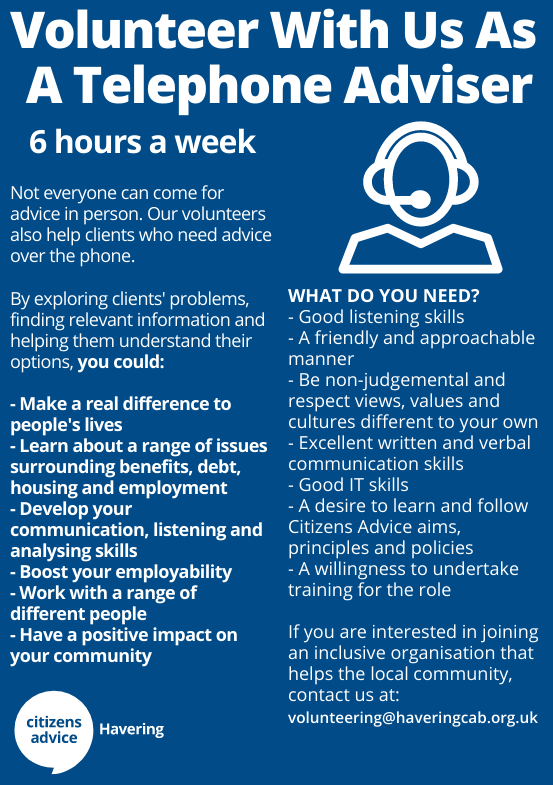 HaveringCab's tweet photo. We are currently recruiting new volunteers. Would you like to gain new skills to get back into the workplace? Are you recently retired? Have your children started school? If you have spare time, contact us now volunteering@haveringcab.org.uk #Havering #Romford https://t.co/HzQUSMlwEb