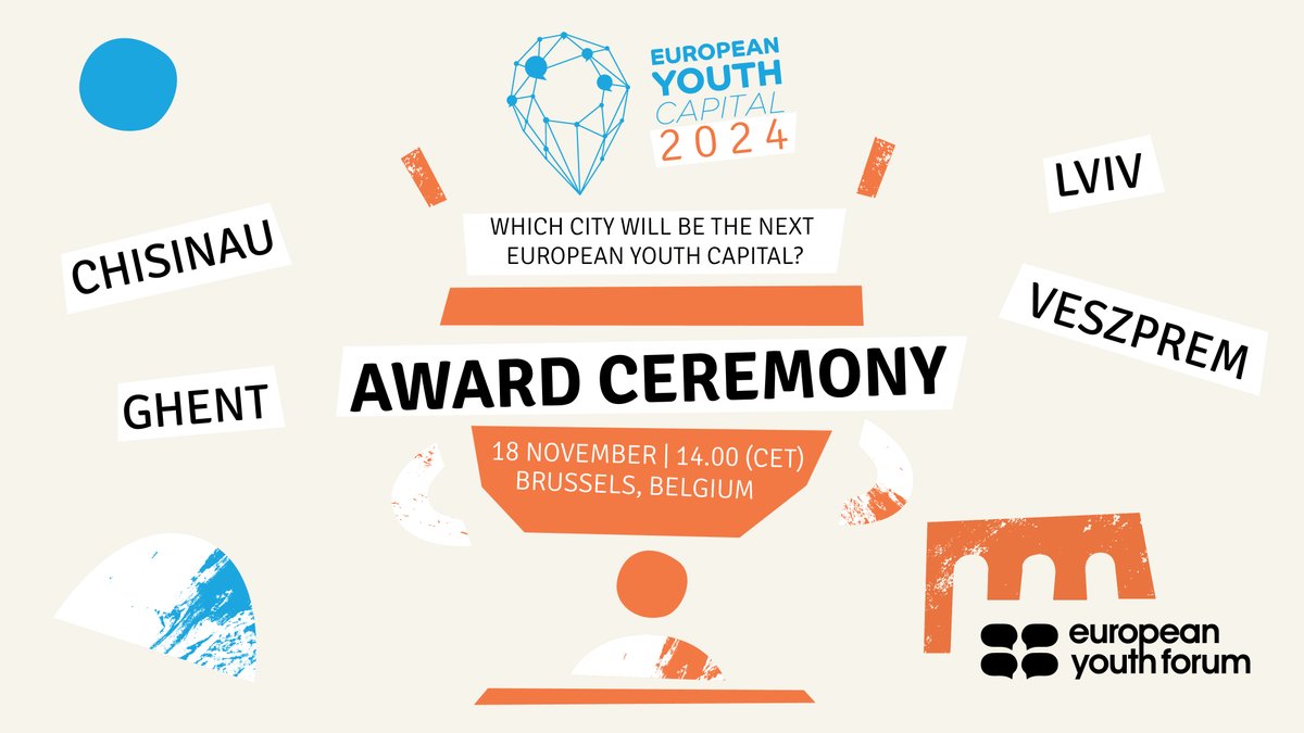 Youth_Forum's tweet image. Exciting news coming soon!🎉 Who will get the next #EuropeanYouthCapital title? 

Join us at the Award Ceremony of the #EYC2024 and meet the candidate cities - Chisinau, Ghent, Lviv and Veszprém 🌆

🗓️18 Nov 2021
Register now👉 neon.ly/pPP2j
ℹ️ fb.me/e/2xIpjxeQB