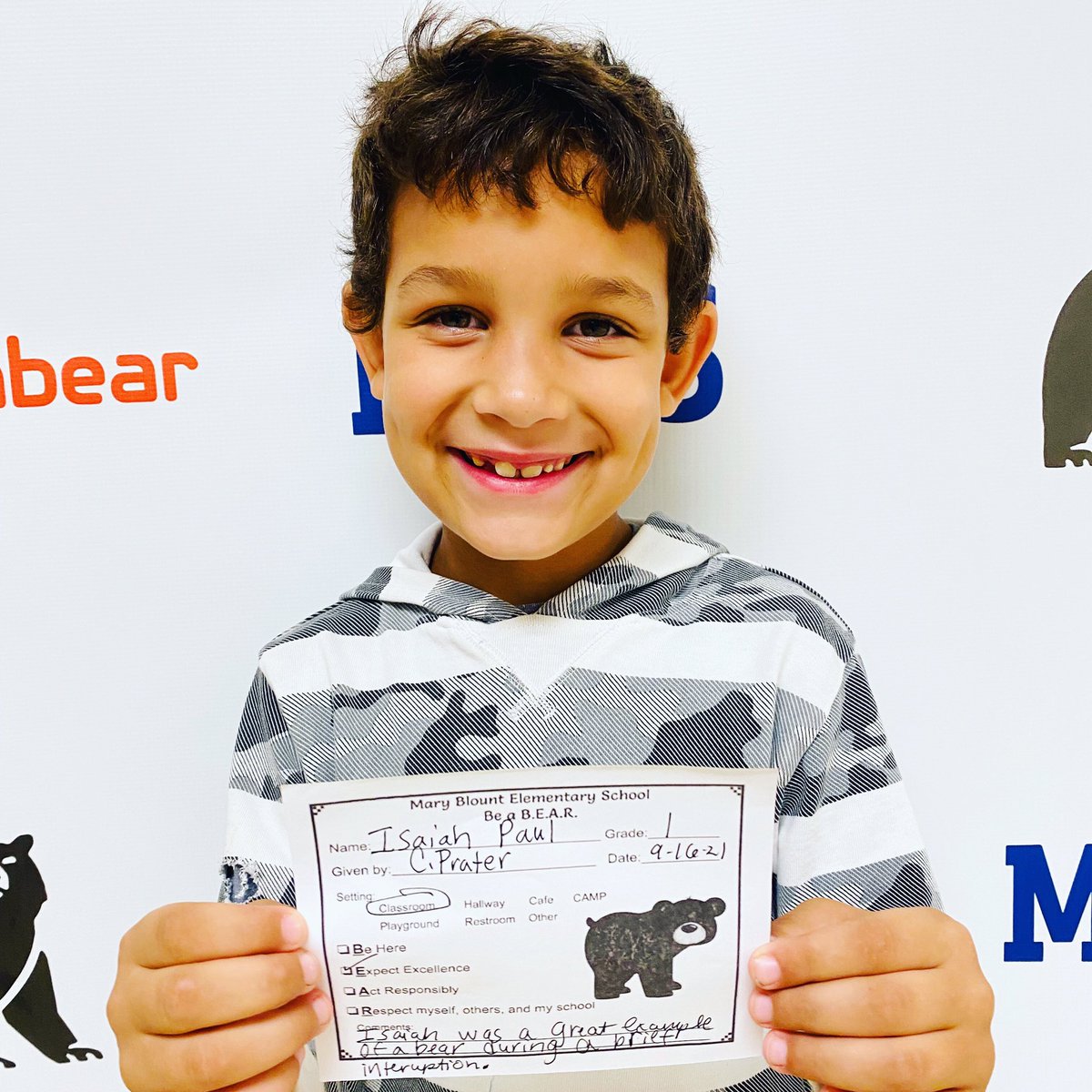 MaryBlountK5's tweet photo. Congratulations to today’s “Bear of the Day”, 1st grader, Isaiah Paul. Isaiah expects excellence and received a bearpaw for being a great example of a bear during a brief interuption. 🤩 Great job, Isaiah! 🐻 #bearpawed #waytogobears #waytogobears🐻 #great2beabear https://t.co/RGR5ZdMQUs