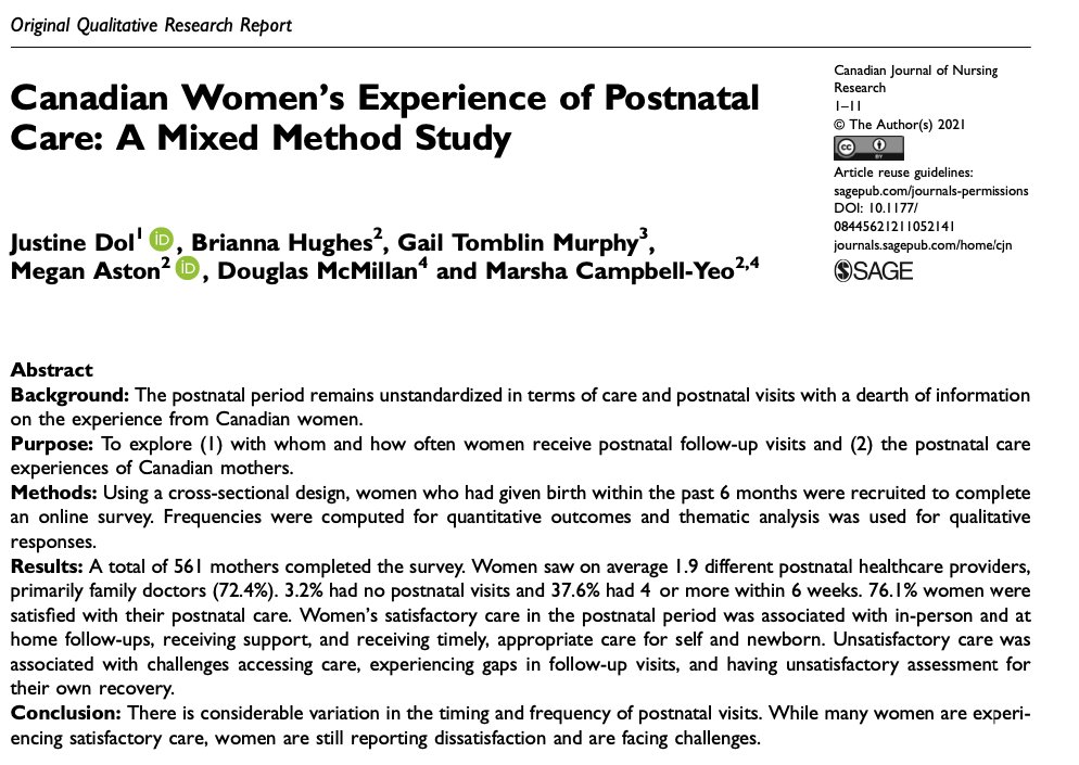 New publication alert 🚨 : 'Canadian Women’s Experience of Postnatal Care: A Mixed Method Study' published #openaccess Read more here: journals.sagepub.com/doi/pdf/10.117…