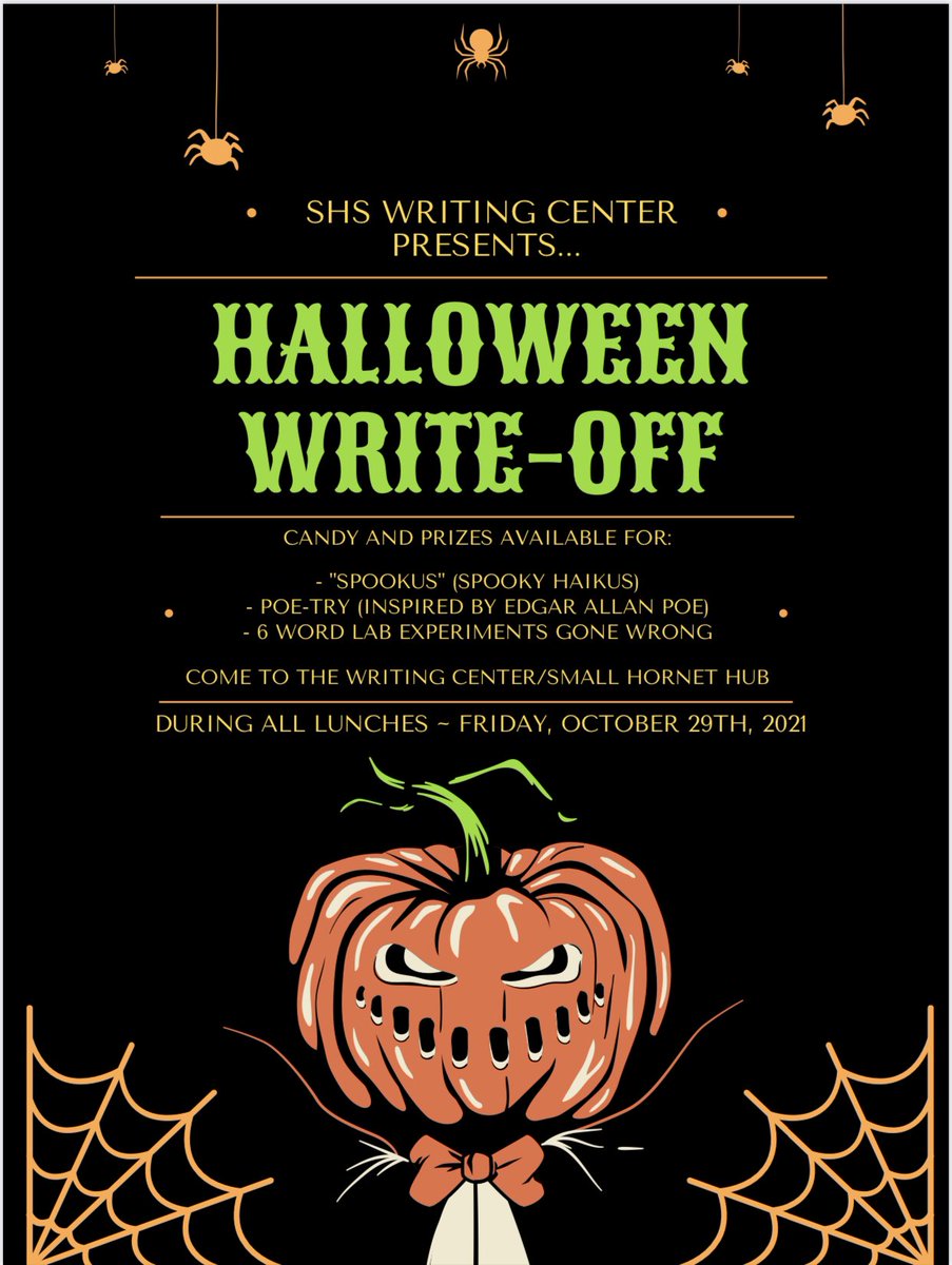 Get ready <a href="/SalineHS/">Saline High School</a> 
Friday is our annual “Spooktacular” Halloween Write-Off during all lunches. Stop by and write with us!