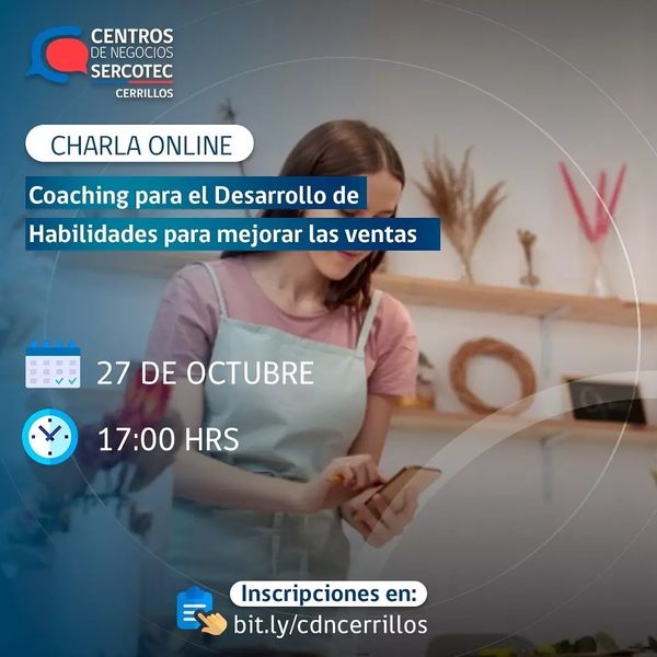 Coaching para el desarrollo de habilidades para mejorar las ventas

¿Quieres participar? Inscríbete directamente en
bit.ly/cdncerrillos
o envíanos un DM.
Para mayor información escríbenos a centro.cerrillos@centrossercotec.cl