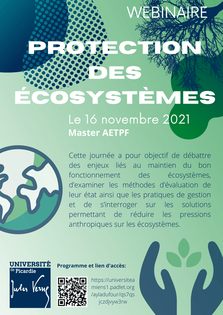 UPJV_Univ's tweet photo. 3ème édition de la journée d'étude des étudiants du master Agrosciences, Environnement, Territoire, Paysage et Forêt (AETPF) #webinaire
📅 16 nov. 2021
Thème : la protection des écosystèmes 🌱
Programme et accès aux conférences : https://t.co/lvyLFnTlBc https://t.co/qT7Eg0i4Pa