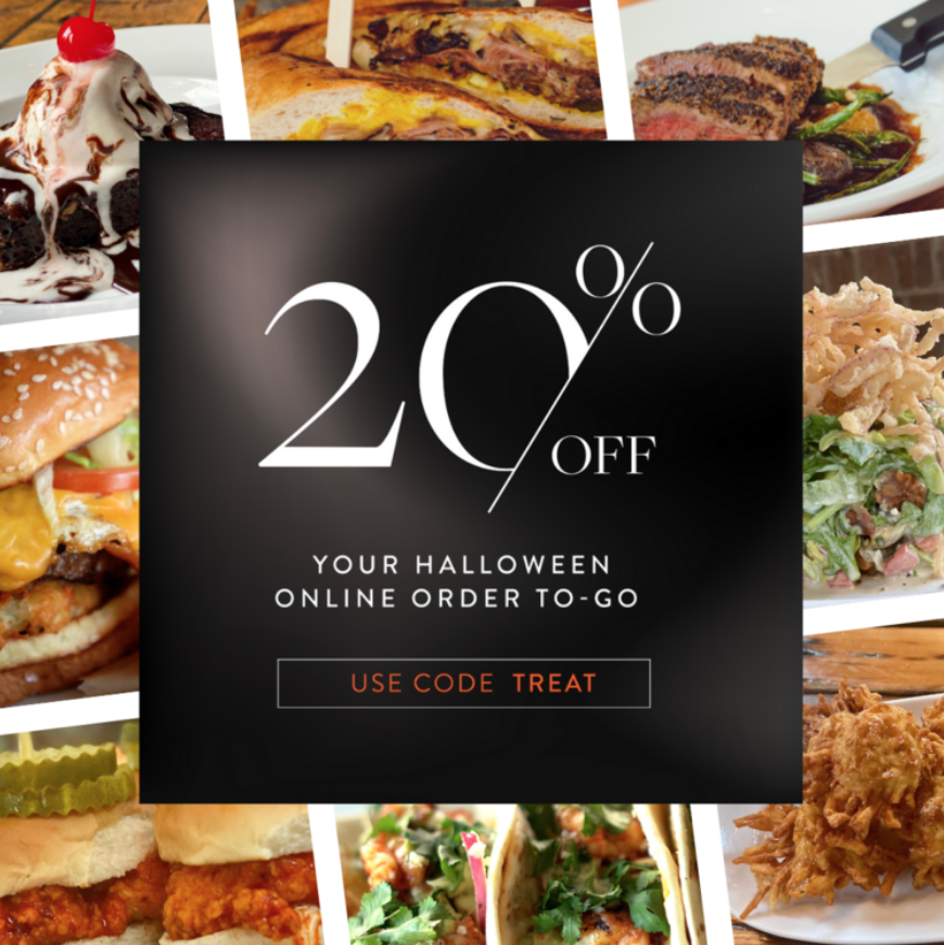 BeachcliffMS's tweet photo. No tricks, just treats! 🎃 Enjoy 20% off on Halloween orders to-go from Burntwood Tavern (Rocky River)! Treat yourself to all of your tavern favorites on Halloween. Take 20% off your entire order when you place your online order: https://t.co/gat41wTMAx #beachcliffmarketsquare https://t.co/HzR6uYJiO6