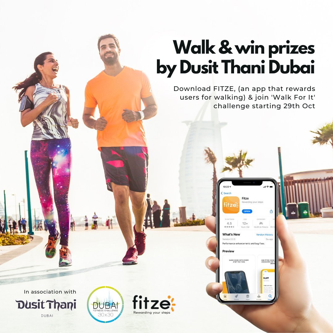 DusitThaniDubai's tweet photo. Walk to win over 1,700 rewards and prizes worth AED 350K 💪
WALK FOR IT kicks off on the 29th of October in line with the Dubai Fitness Challenge (Oct29-Nov27)!
#fitze #dubaifitnesschallenge #dubaifitness #walkforitchallenge #dubai #uaehealthmovement #uaefitnessmovement https://t.co/ukK5oI9YPP