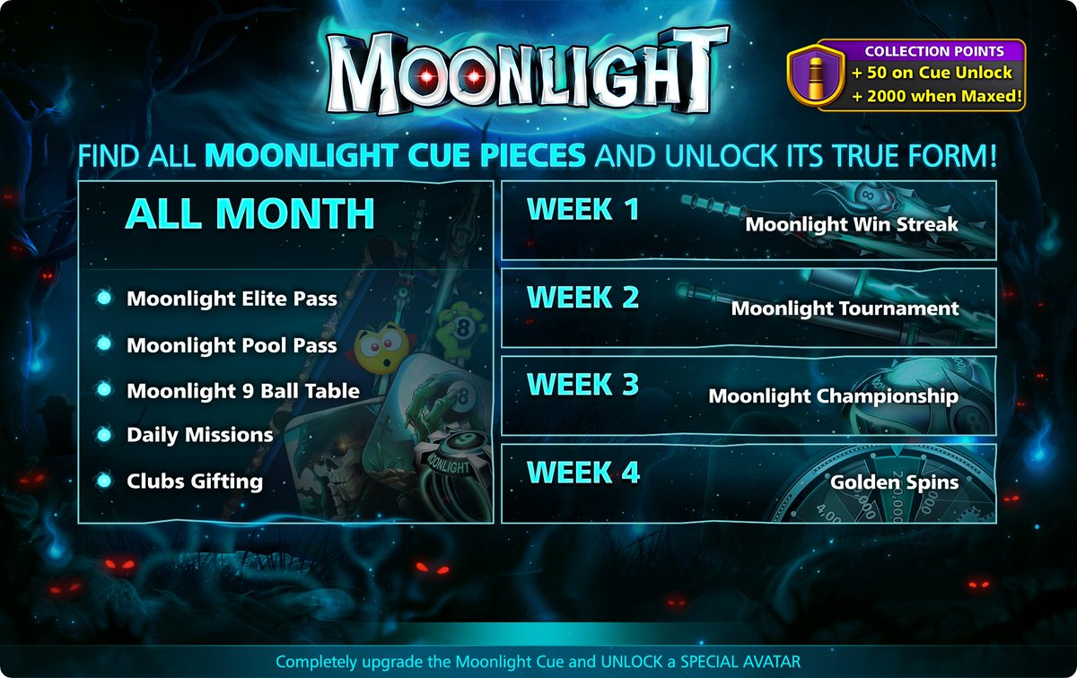 8ballpool's tweet photo. The 4th week in the Moonlight Event has been revealed! π Unlock all the Moonlight Cue Pieces and be on your way to maxing that Cue! ππ Jump in for a gameΒ» https://t.co/SCvs8yuZqt
#MoonlightEvent #8BallPool https://t.co/J6bHjzXn8q