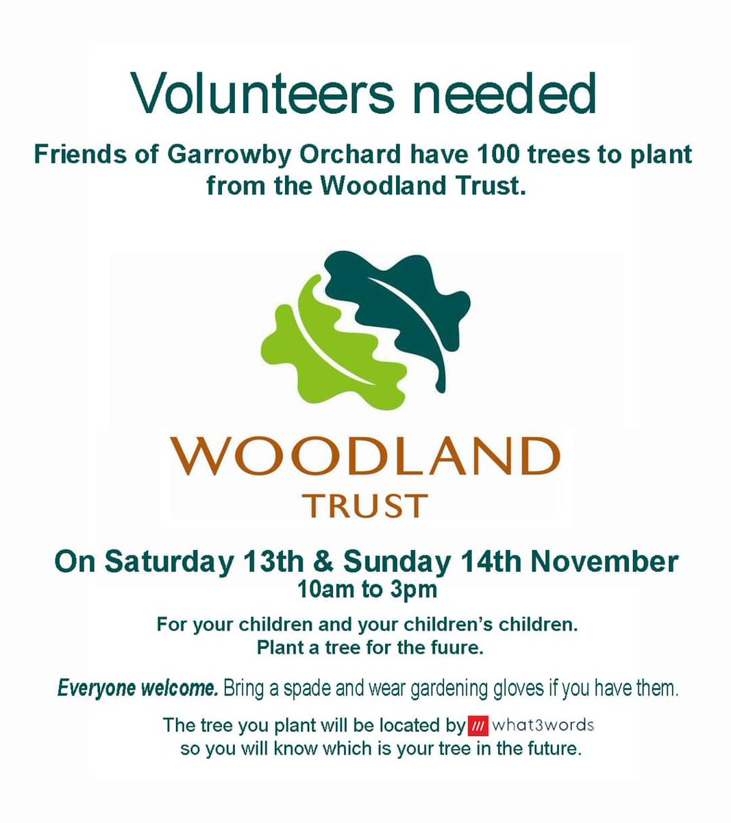 Friends of Garrowby Orchard Community, west Hull are looking for volunteers to help plant 100 trees donated from the Woodland Trust. It will be Sat 13th and Sun 14th November, at the orchard on the Setting Dyke site. Please see poster below. @hullccinfo