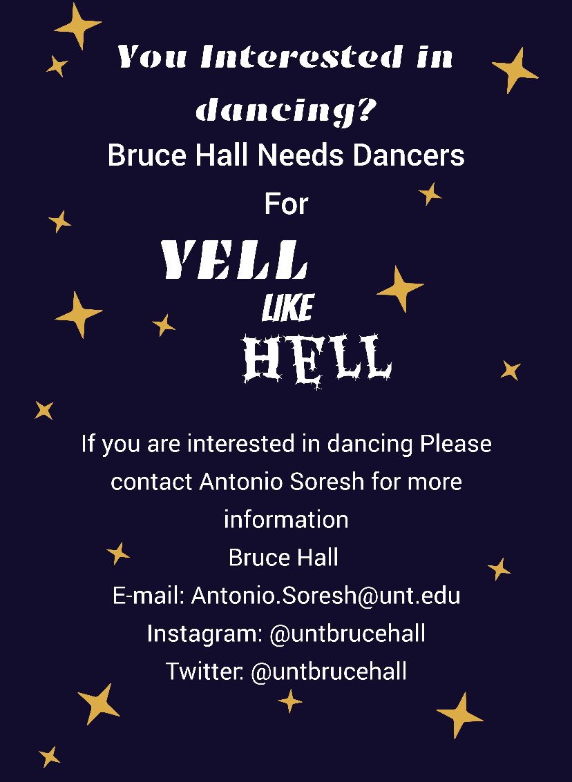 UNTBruceHall's tweet photo. Did you ever want to be a star on stage, be an athlete, painting something cool or help out the community in a big way!?
If so, then homecoming is for you. Come sign up to be a part of the Bruce Hall team! Sign up link is in bio &amp; flyer.
Dance: Scan the QR code to be signed up 🐝 https://t.co/QStpoUb6jr