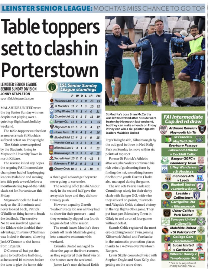 aaronmcfc1's tweet photo. In this week’s @DublinGazette soccer, @stmochtasfc face leaders @MalahideUtdAFC in a top of the table Senior Sunday clash on Friday, today’s @FAIreland #InterCup 3rd rd draw in full & all this week’s @LSLLeague Sunday fixtures 1/2 https://t.co/1QSxINHx5S