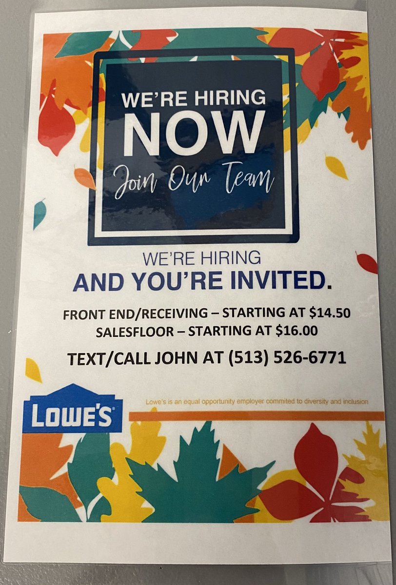 We are hiring at the Lowe’s of Mason, OH!   Just call or text John to set up a interview at 513-526-6771.  Walk-in interviews this Friday, October 29th from 8 am till 7 pm. #Lowes542 #nowhiring
