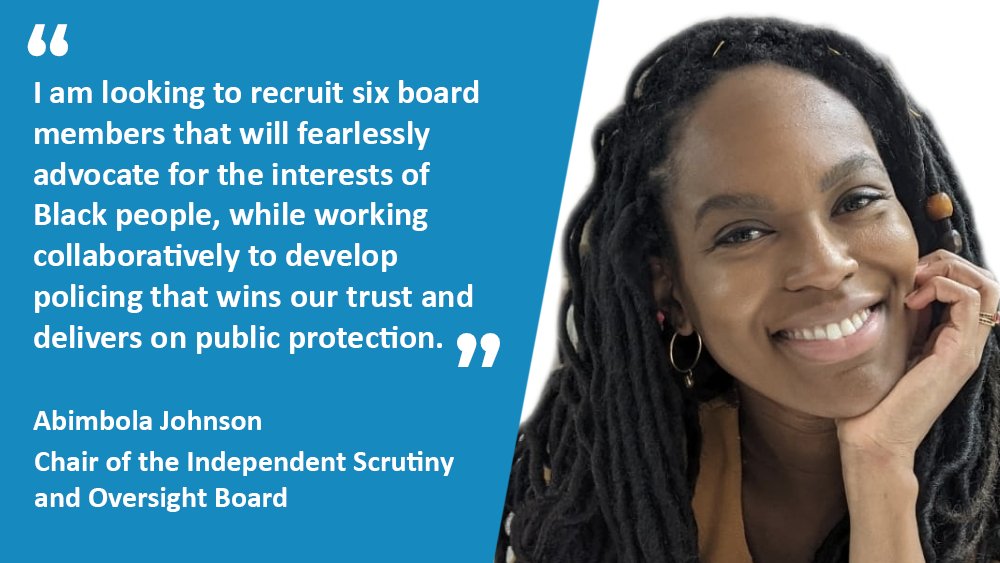 The Chair of the Independent Scrutiny and Oversight Board (ISOB), <a href="/BarristerAbi/">Abimbola Johnson doesn't use X anymore</a>, is recruiting six independent board members to work alongside her to scrutinise the NPCC and <a href="/CollegeofPolice/">College of Policing</a>'s Police Plan of Action on Inclusion and Race. 

Apply here: bit.ly/ISOB2021