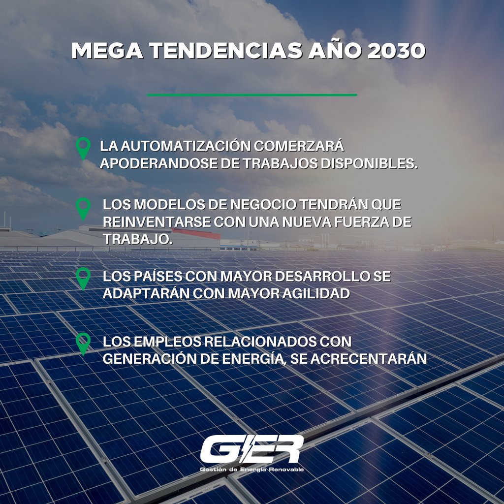 Según marketers.com, las mega tendencias que se van acentuando e introduciendo en las grandes industrias a nivel mundial hasta llegar al año 2030, muestran una gran repercusión en reemplazar la energía convencional en una más renovable y duradera ♻️ ⚡