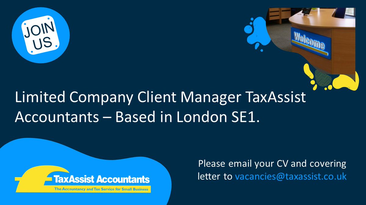 This is an excellent #opportunity!
We’re looking for a hardworking, friendly professional to join our team in #southwark. Please send a CV and covering letter, including your salary expectations to vacancies@taxassist.co.uk

#vacancies #southwark