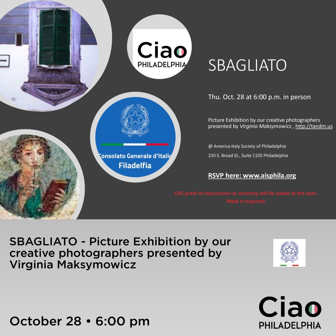 We invite you to join us for SBAGLIATO - Picture Exhibition by our creative photographers presented by Virginia Maksymowicz on Thursday, October 28 at 6:00 pm, click the link below to register! ecs.page.link/58CcA