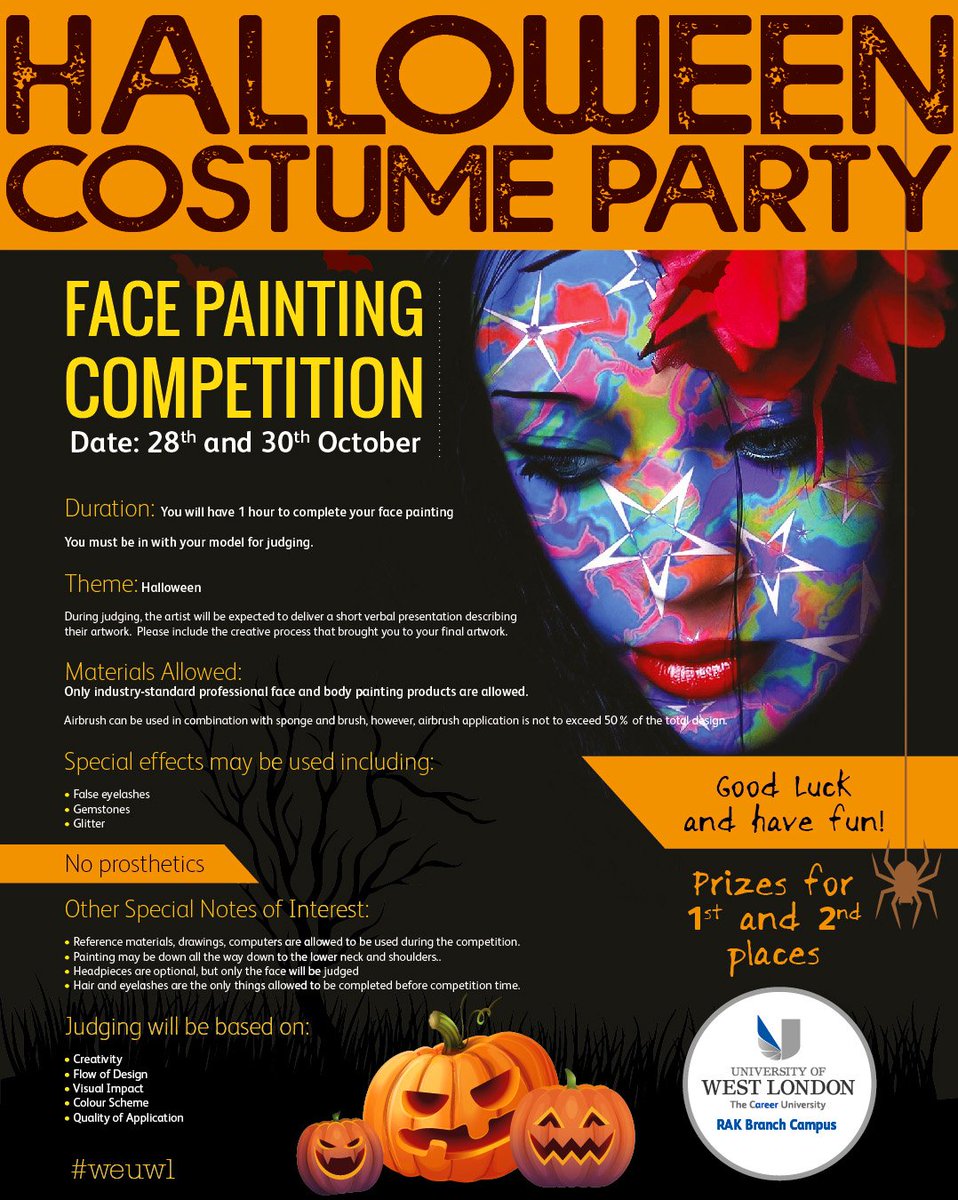 uwlrak's tweet photo. Students, get ready for the face painting competition at the Halloween costume party on 28th &amp; 30th October 🎃👻🎃🤩

#weuwl https://t.co/WZKbEmNHiS
