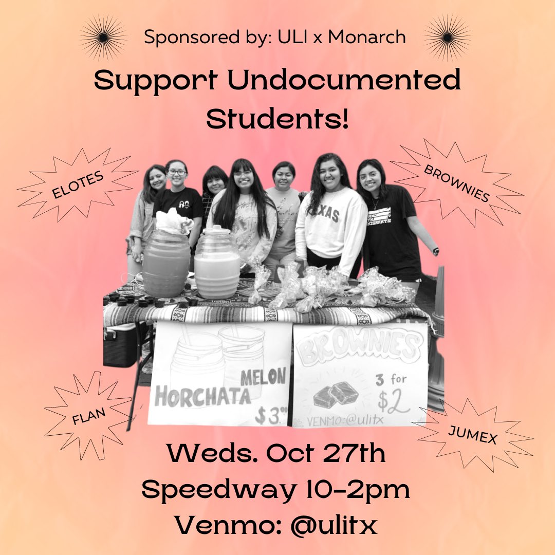 ULItx's tweet photo. 🚨FUNDRAISER🚨

Support undocu students today and treat yourself to some snacksss!! We have corn in the cup, flan, brownies, and Jumex.

Come thru before it’s gone!! 🔥🔥🔥
Also if you want to donate - venmo: @ulitx https://t.co/EjKmCNd1Hr