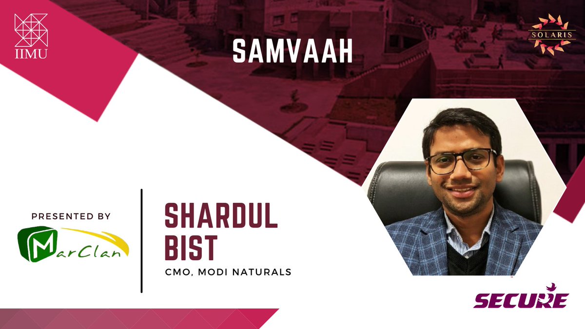 SolarisIIMU's tweet photo. Mr Shardul Bist, CMO at #Modi Naturals, will be our Guest of honour at Samvaah, the Annual #Marketing Conclave, organized by #MarClan, for #Solaris 2021, the Annual #Management #Fest of #IIM #Udaipur.
#Synchronizinghorizons #Ignite #Illuminate #Inspire https://t.co/tmQpdtcHHK