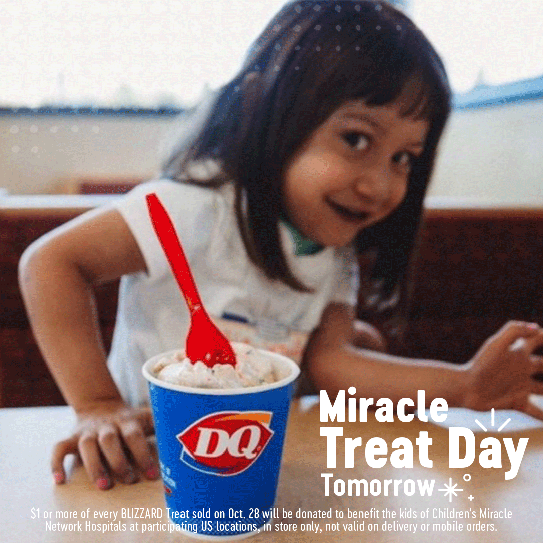 DairyQueen's tweet photo. Hope and happiness are in the air because tomorrow is #MiracleTreatDay! For every BLIZZARD Treat sold at participating locations tomorrow, we’re donating $1 or more to @cmnhospitals! So head into a DQ location tomorrow to share hope with local kids! https://t.co/deBJ2zZjdt