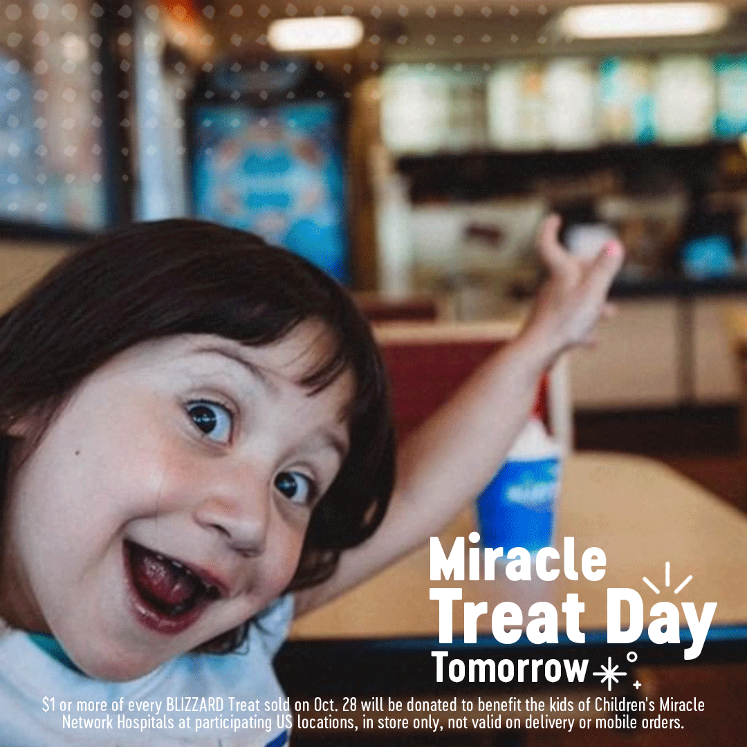 DairyQueen's tweet photo. Hope and happiness are in the air because tomorrow is #MiracleTreatDay! For every BLIZZARD Treat sold at participating locations tomorrow, we’re donating $1 or more to @cmnhospitals! So head into a DQ location tomorrow to share hope with local kids! https://t.co/deBJ2zZjdt