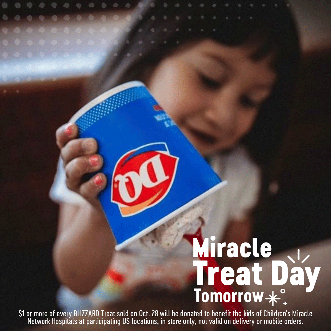 DairyQueen's tweet photo. Hope and happiness are in the air because tomorrow is #MiracleTreatDay! For every BLIZZARD Treat sold at participating locations tomorrow, we’re donating $1 or more to @cmnhospitals! So head into a DQ location tomorrow to share hope with local kids! https://t.co/deBJ2zZjdt