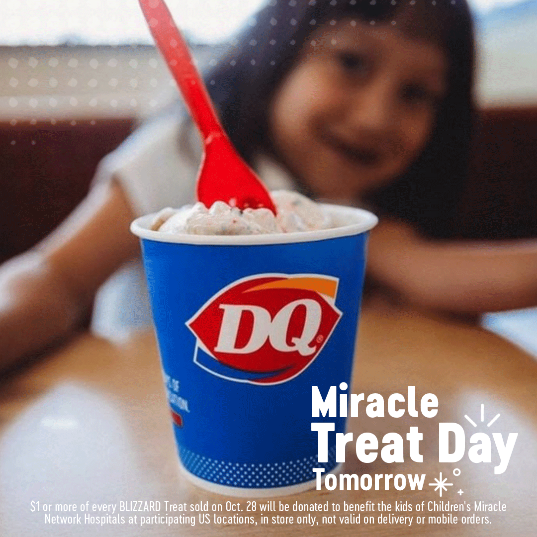 DairyQueen's tweet photo. Hope and happiness are in the air because tomorrow is #MiracleTreatDay! For every BLIZZARD Treat sold at participating locations tomorrow, we’re donating $1 or more to @cmnhospitals! So head into a DQ location tomorrow to share hope with local kids! https://t.co/deBJ2zZjdt