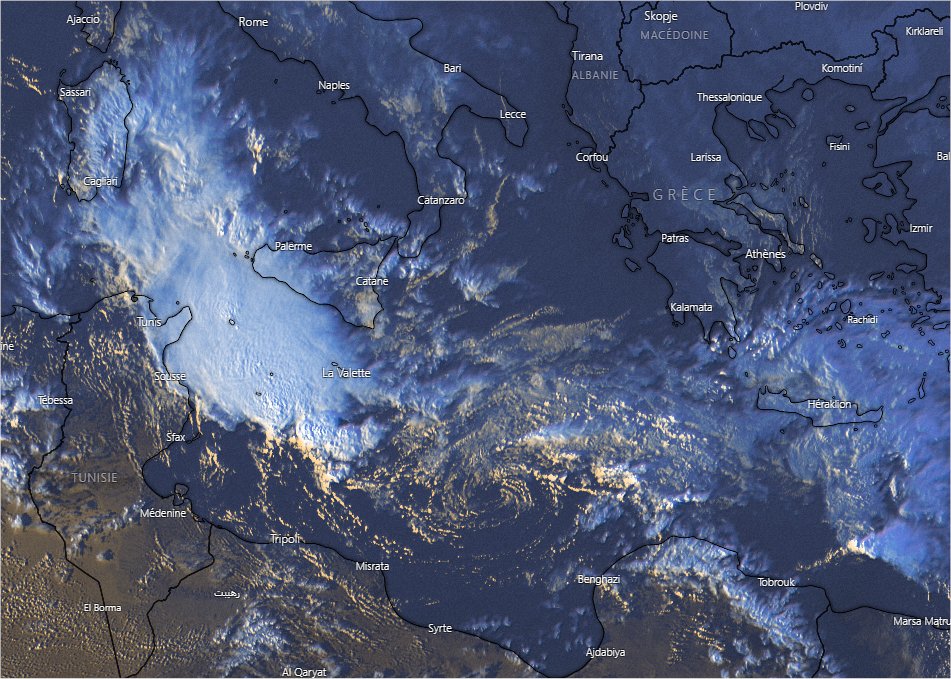 La dépression méditerranéenne est visible sur l'imagerie satellite mais manque de convection près de son centre, signe que le processus pouvant mener à un #medicane n'est pas franchement entamé. Image sat Windy. 