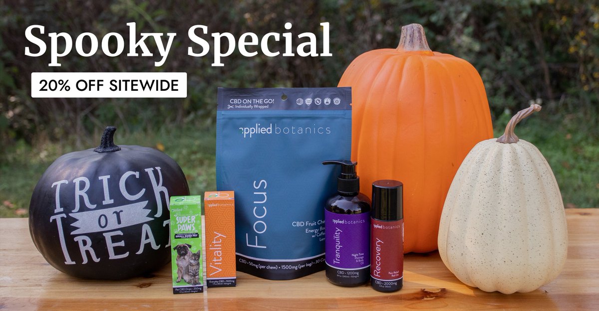 AppliedBotanics's tweet photo. Our Spooky Specials start today 🎃, where you'll get 20% OFF SITEWIDE on all our #CBD products for a limited time: https://t.co/9Cnpp2ApjV #spookyszn 👻 https://t.co/GyWk9s7asQ