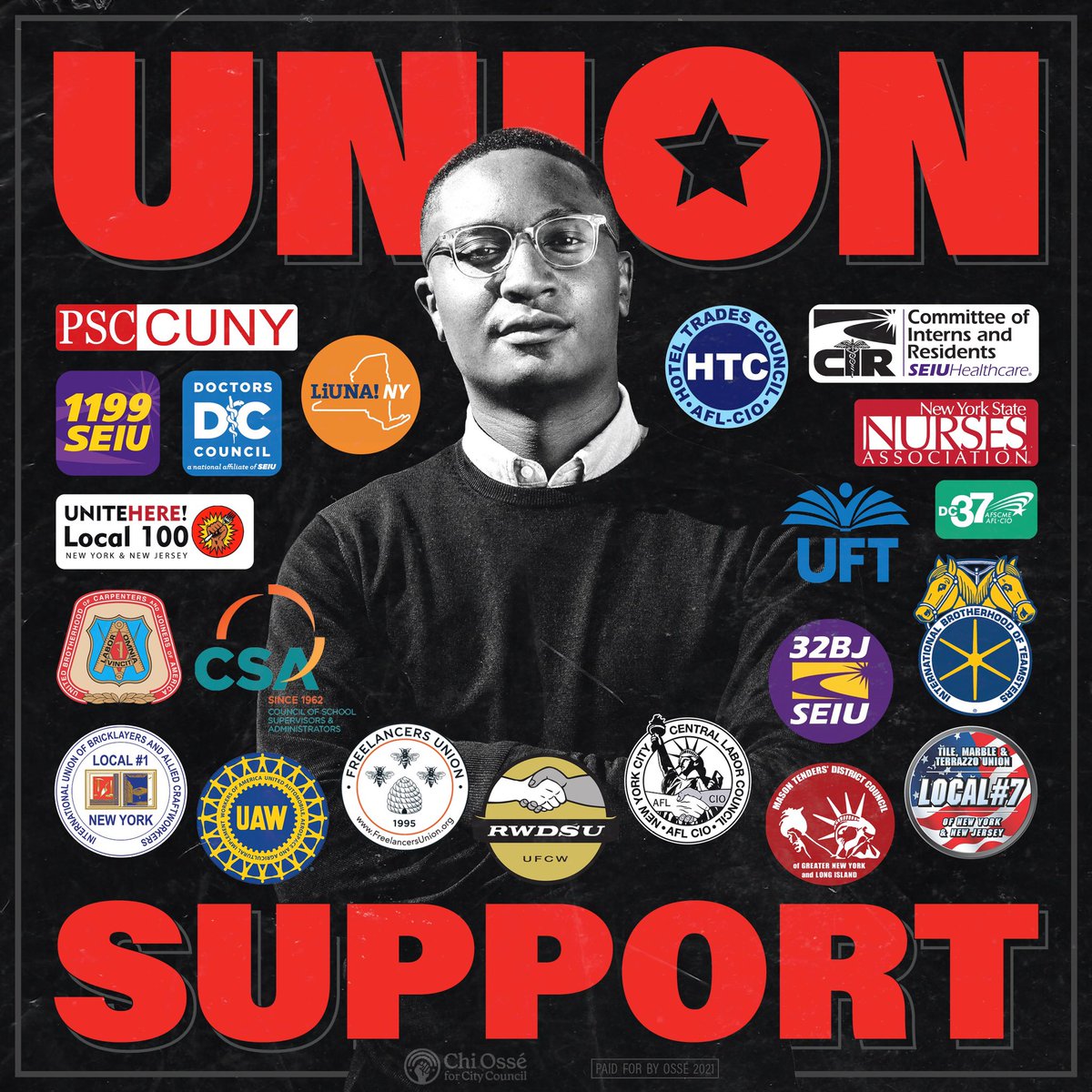 Super stoked to have all of this union support for my general election! 

From healthcare workers and carpenters to hotel workers and teachers, I’m looking forward to fighting for the working class of NYC alongside these fearless unions. 

Vote Ossé for City Council on Nov. 2nd!