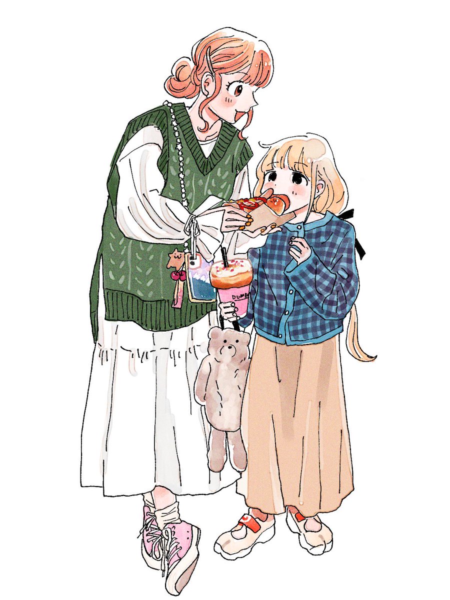 futaba anzu multiple girls 2girls food long skirt stuffed toy blonde hair sneakers  illustration images