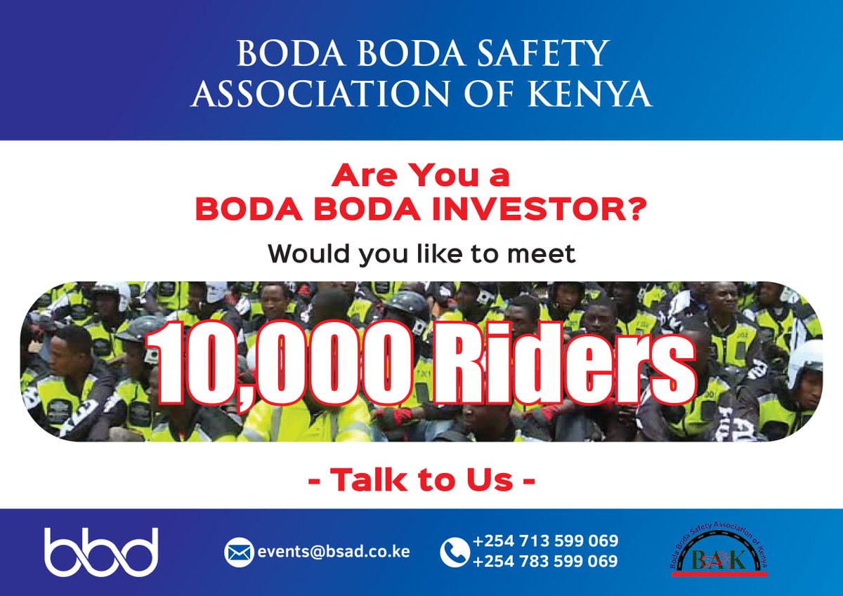 Are you in the boda boda business? Would you like to meet as many boda riders as you can imagine..... Call the numbers in the poster and sign up!!!
#bodabodasafety
#bodabodaday
@BodaAssnofKenya