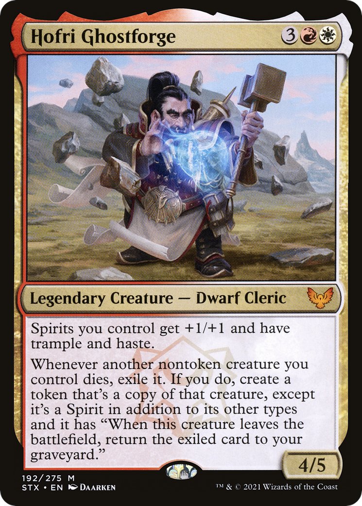 I built a red-white Commander deck that is just the right kind of  weird-value-meets-fiddly-play that I enjoy: Hofri Ghostforge. #WOTCstaff  After some trials and tweaks I'm struggling with the hard part: How