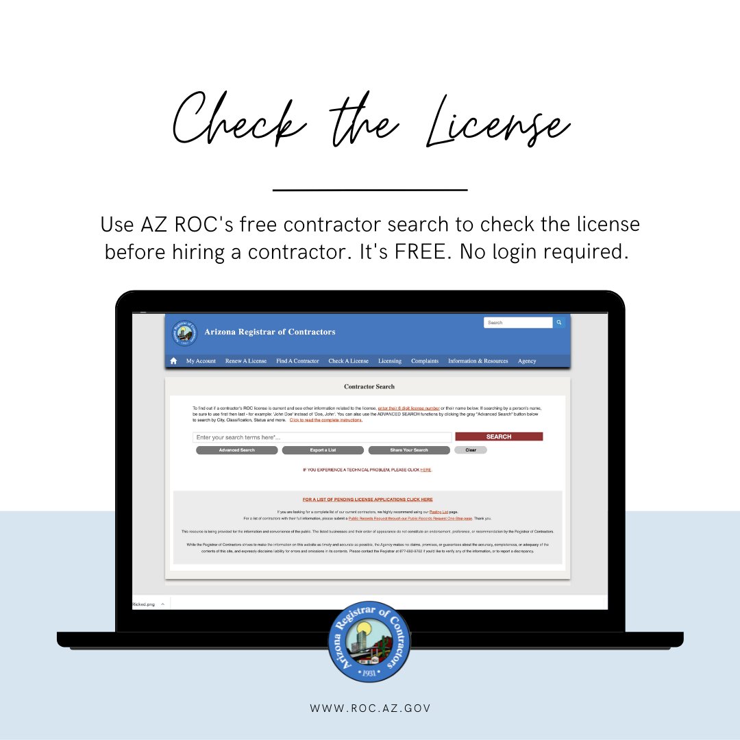 AZ_ROC's tweet photo. Use the contractor search to find a contractor or to check a license. It's fast, free and easy to use!
#AZ #Arizona #HireLicensed #ChecktheLicense https://t.co/wmLPacQZU5