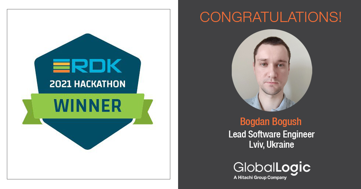 GlobalLogic's tweet photo. Congrats to Bogdan Bogush, Lead Software Engineer at @globallogic_ua, and his team for winning the 2021 @RDKCentral Hackathon! On Nov. 18, Bogdan will present his VoIP Integration at the RDK Tech Summit. Learn more: https://t.co/gTf2er536l #RDKTechSummit #RDKHackathon #LifeAtGL https://t.co/VSy8SSRN0s