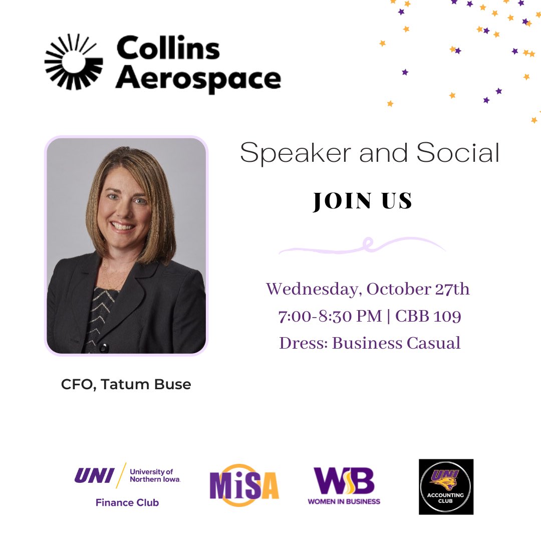 Tonight‘s meeting will be hosted by Tatum Buse, who is the CFO of Collins Aerospace. This meeting will take place from 7:00-8:30 in the John Deere Auditorium.

We will also be joined by MISA, Women in Business, and the Accounting Club.

Hope to see you there!