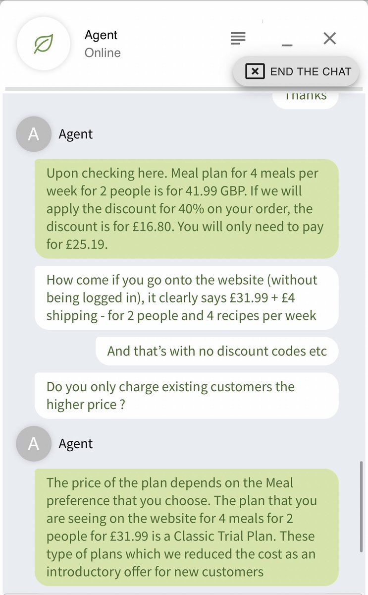 07_rager's tweet photo. @HelloFreshUK Thanks, but I’ve already had a full discussion with one of your agents, and they’ve confirmed the pricing stated in my original tweet. Great way to lose existing customers. 👍🏼 https://t.co/tqzLFHQseN