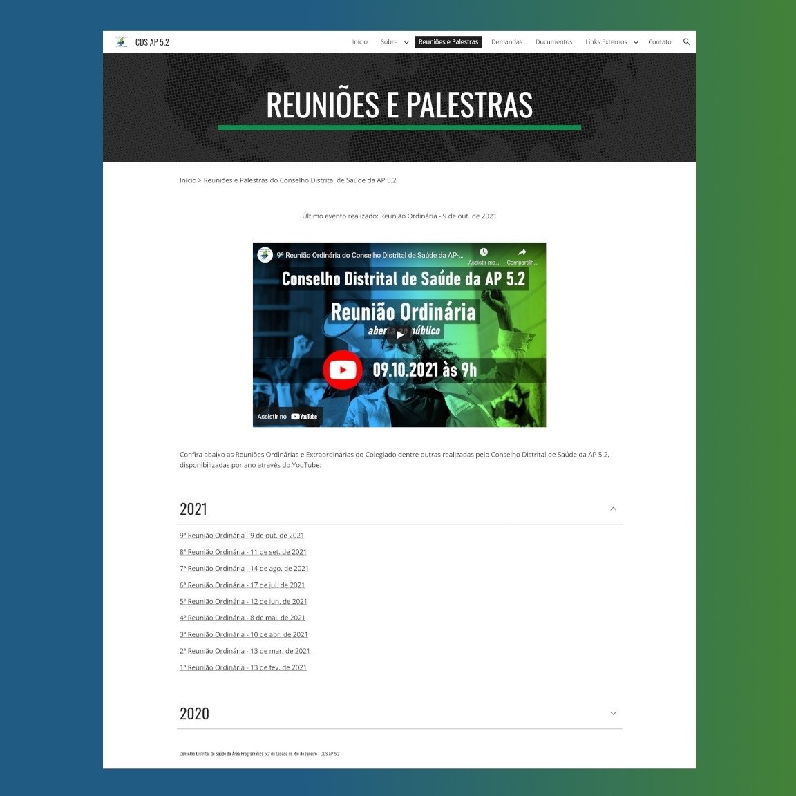 cdsap52's tweet photo. Página de Reuniões e Palestras do site do Conselho Distrital de Saúde da AP 5.2, já se encontra atualizada com as 9 Reuniões Ordinárias de 2021.
 https://t.co/SVvnSzt9JW

#SUS #controlesocial #ConselhoDeSaúde #CDS52 #CampoGrande #Guaratiba #RiodeJaneiro #RJ https://t.co/mBmWZjMip2