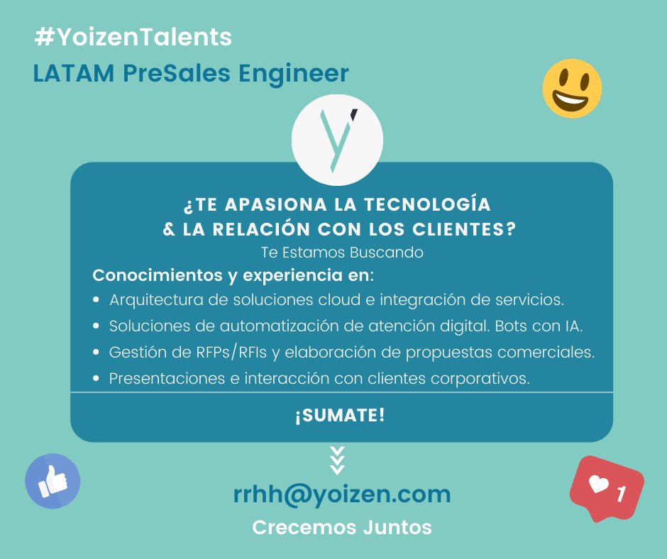 Yoizen's tweet image. 📣 #NowHiring LATAM PRESALES ENGINEER  
De Soluciones Cloud para  Automatización de la Atención a Clientes, Bots e IA.

👉🏻 Conoce nuestra propuesta y beneficios: bit.ly/YoizenLATAM_Pr…

En @Yoizen, CRECEMOS JUNTOS. 🤜🏻🤛🏻
¡SUMATE! ¡Te esperamos!

#OportunidadLaboral