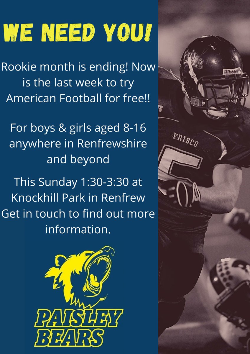 BearsPaisley's tweet photo. 🏈🏈🏈LAST WEEK GUYS🏈🏈🏈

Come down this Sunday for our last free session to try out a new sport.

#bishopton #bridgeofweir #crosslee #elderslie #erskine #houston #howwood #inchinnan #johnstone #kilbarchan #langbank #linwood #lochwinnoch #paisley #ralston #renfrew #barrhead https://t.co/E2RY1G0tWu