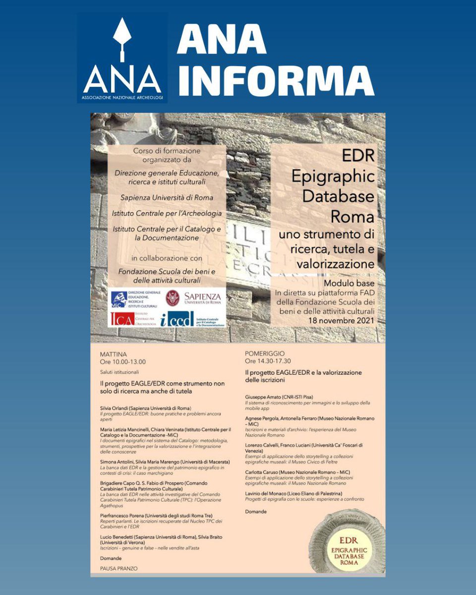 Archeologi's tweet photo. #ANAInforma

📣 Corso di formazione “EDR – Epigraphic Database Roma”

ℹ️ Maggiori info su https://t.co/QLlqVes5u1 https://t.co/XTPtPhlLHg