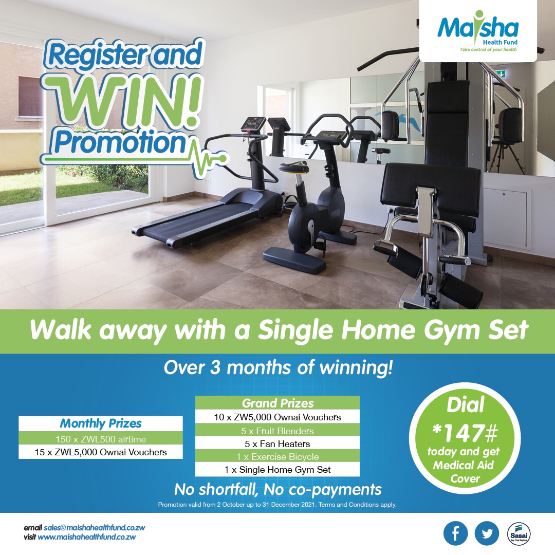 263Chat's tweet photo. Introducing @MaishaHealthFnd Register and Win Promotion.
Register for medical aid cover or Add a dependant and stand a chance to win a home gym set, among other special prices.
Dial *147# today.
#RegisterAndWin https://t.co/8LElIDn4sm