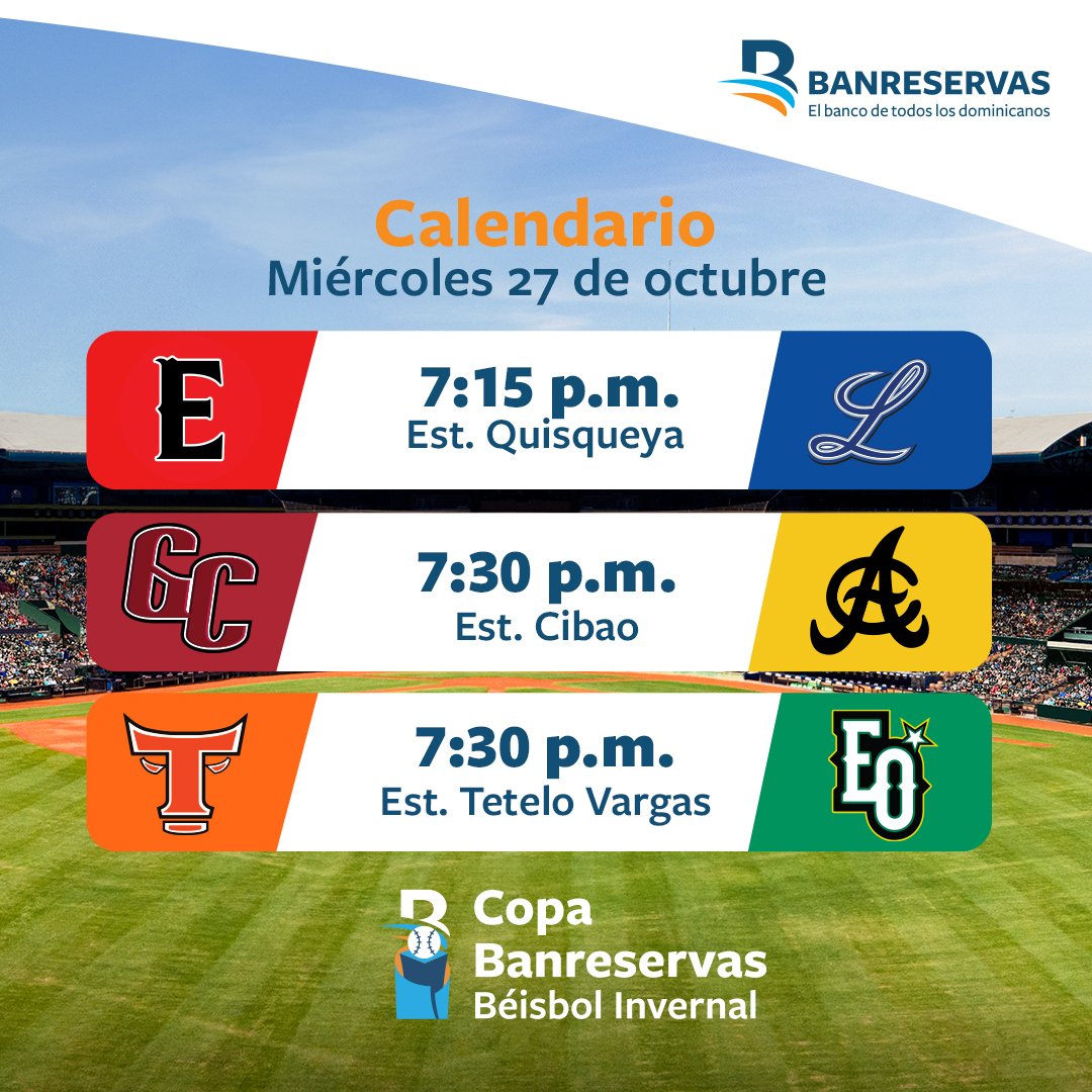 Por fin en #Banreservas llegó el momento de decir: playball ⚾🔥

Hoy arranca la Temporada de Pelota Invernal 2021-2022, ¡y no podemos estar más emocionados! 🤩

Aquí te dejamos los juegos, porque #BanreservasActivoLaPelota

¿A quién le vas este año?