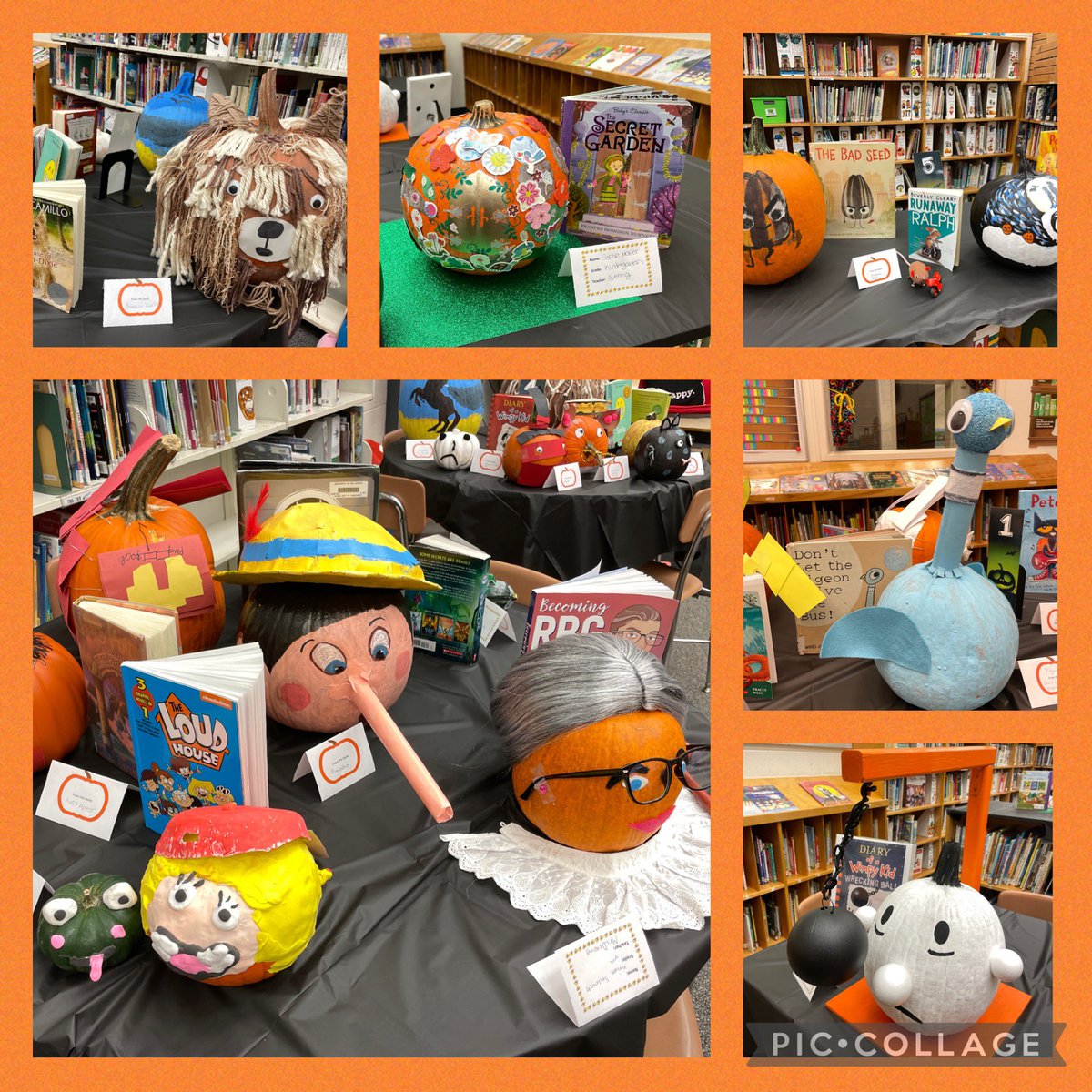 cseslibrary's tweet photo. Amazing pumpkins have been rolling into the library! 🎃 Great Job, Cougars! Thursday is the last day to enter the raffle! 📚#bookcharacterpumpkins https://t.co/FWvY3qsdNv