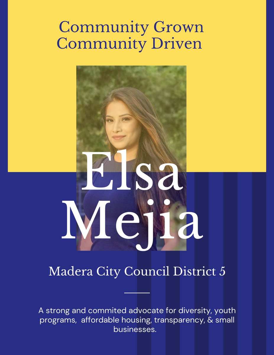 ElectElsaMejia's tweet photo. District 5, I hope that on November 2nd, you will put your trust in me to lead Madera forward. It’s time for a change.  🗳

#Mejia4Madera
#CommunityGrownCommunityDriven
#Mejia2021
#ElectElsa
#Vote4Elsa
#DelPuebloParaElPueblo https://t.co/Iw5M8NWVc9