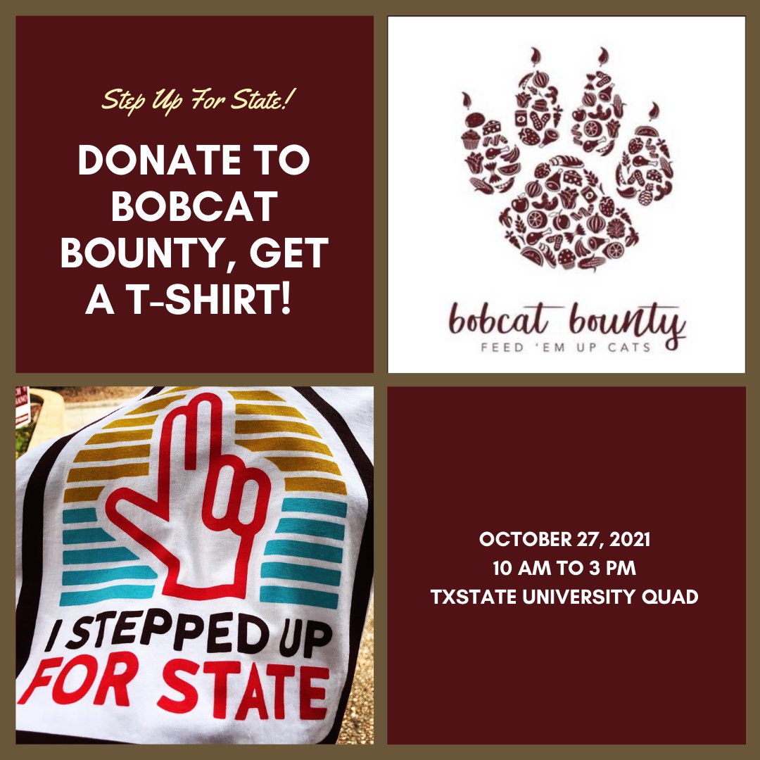 BobcatBounty's tweet photo. Step Up For State continues for only a few more hours! Donate in person at the quad and receive a Step Up For State T-shirt! Shirts are limited so race to the quad and donate now! 🍏❤️
#StepUpForState #BobcatBounty #ISteppedUp #FeedEmUpCats https://t.co/PkVyrXTpoa