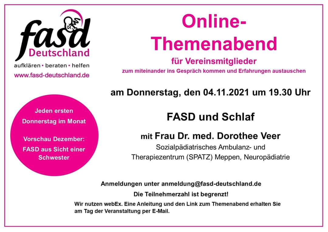 Hier kommt die Einladung für den Themenabend im November!

Das Thema Schlaf ist für viele Familien und Menschen mit FASD eine Herausforderung! 🛏

#leuchtturmfasd
#vereinsmitglied
#schlaf #schlafstörung
#onlinefortbildung #onlinethemenabend
#themenabend
#fasd #fasddeutschland